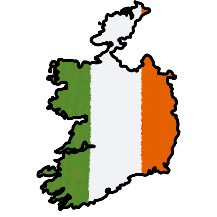 A land mass matching the shape of ireland with a black outline and the interior matching the irish flag: 3 stripes green, white, then orange.